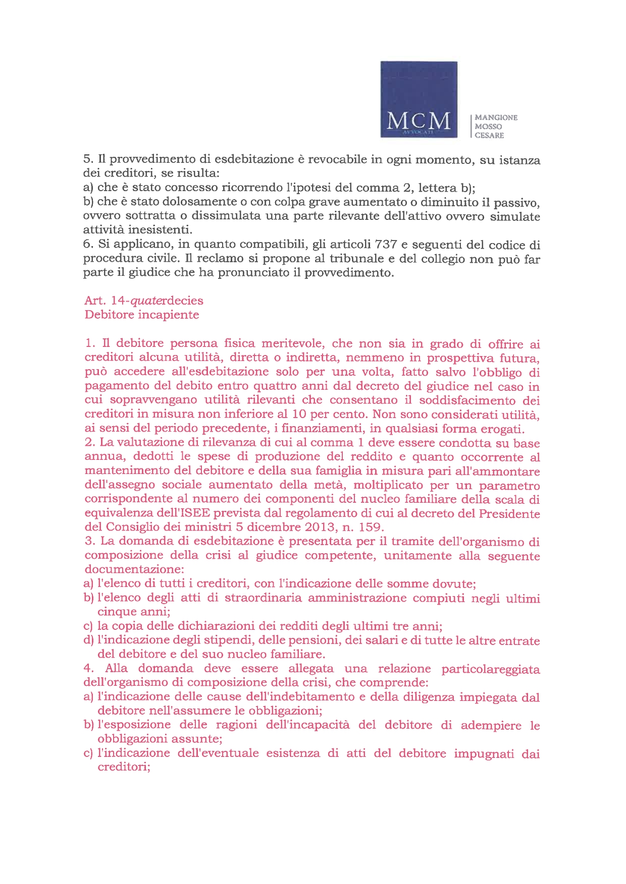 Legge aggiornata 3/2012 MCM Avvocati